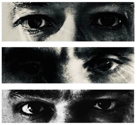 Close-up eyes of the three band members, stacked in three rows